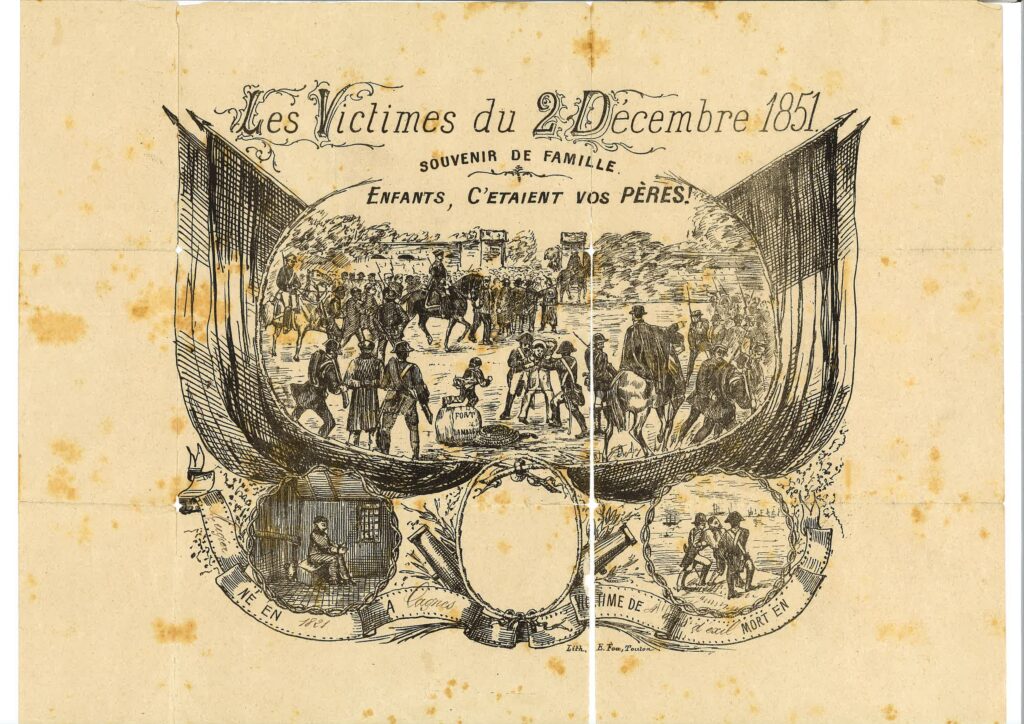 Illustration commemorating the victims of December 2, 1851; a large crowd gathers around a memorial scene with decorative banners and French inscriptions.