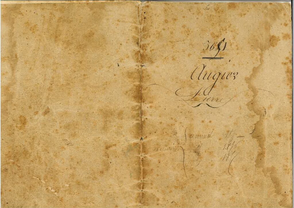 Old, stained parchment page with elegant calligraphy reading 'August' and decorative flourishes; looks like antique ledger/journal entry.