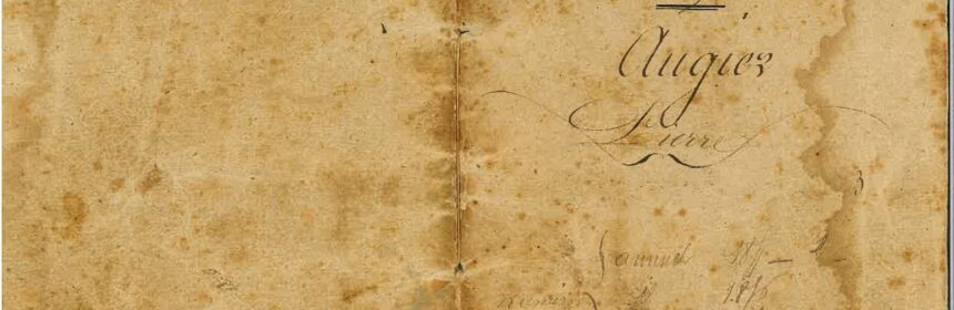 Old, stained parchment page with elegant calligraphy reading 'August' and decorative flourishes; looks like antique ledger/journal entry.