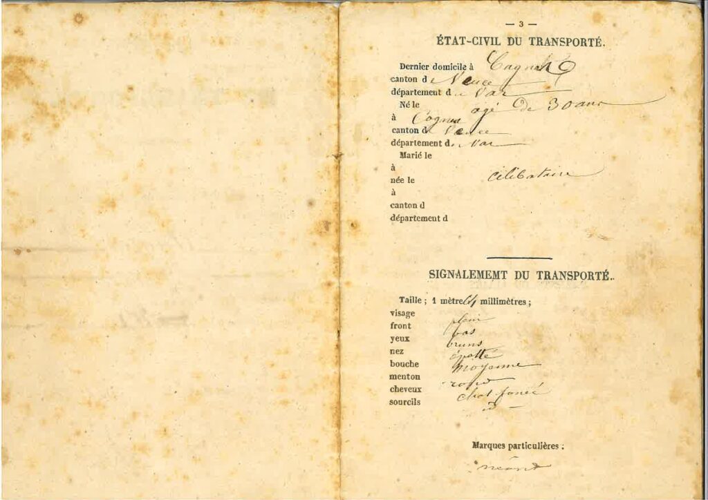 Aged French transport record page; right-hand form titled 'État-Civil du Transporté' with handwritten names and details on lines.