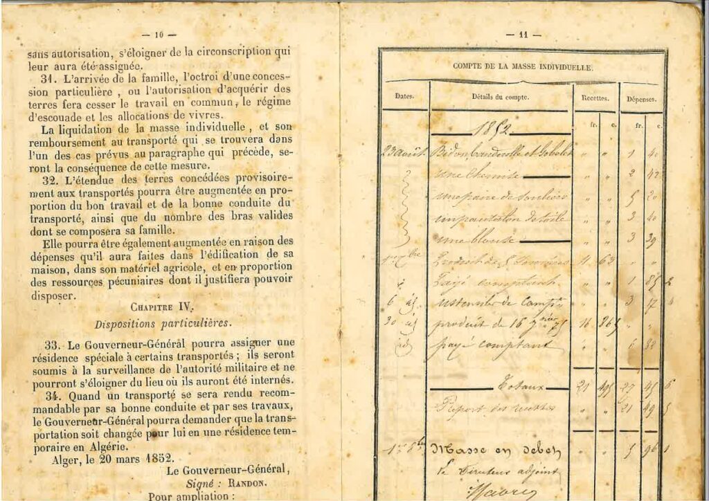French book spread: left page filled with dense paragraphs of text, right page shows a handwritten financial ledger titled 'Compte de la masse individuelle' with columns and figures.
