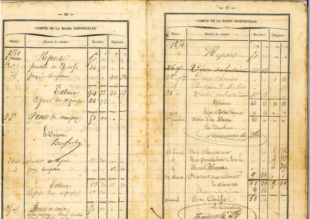 Open two-page antique ledger titled 'Compte de la masse individuelle' with handwritten entries and columns for dates, details, receipts, and expenses.