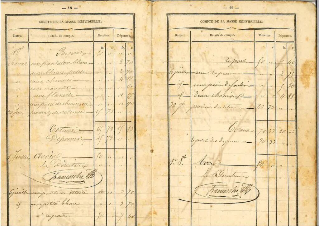 Two-page antique ledger with handwritten French financial entries and column headers like Dates, Détails du compte, Recettes, and Dépenses.