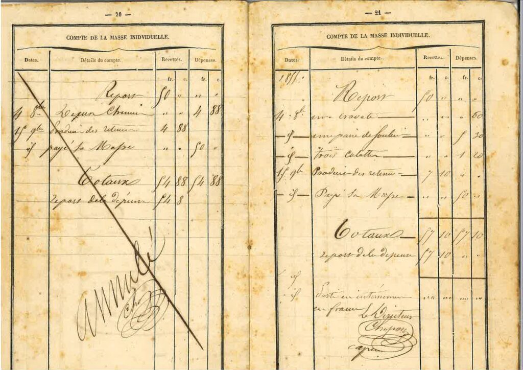 Two pages from an old French accounting ledger labeled 'Compte de la Masse Individuelle,' filled with handwritten entries, columns for dates, details, receipts, and expenses, and a large diagonal crossing mark across the left page.