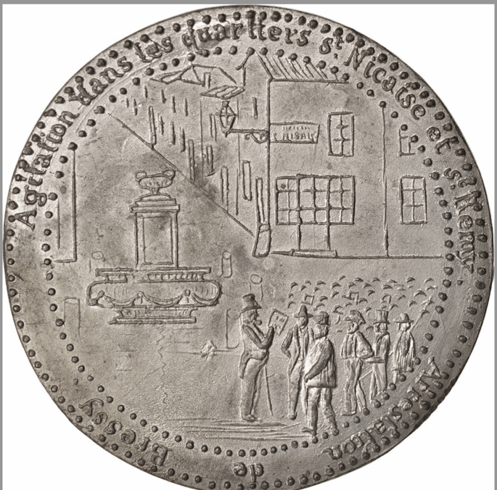Coin depicting a historic town square with a fountain, building façades, and a line of men in period dress; edge dotted border visible.