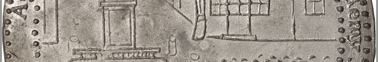 Coin depicting a historic town square with a fountain, building façades, and a line of men in period dress; edge dotted border visible.