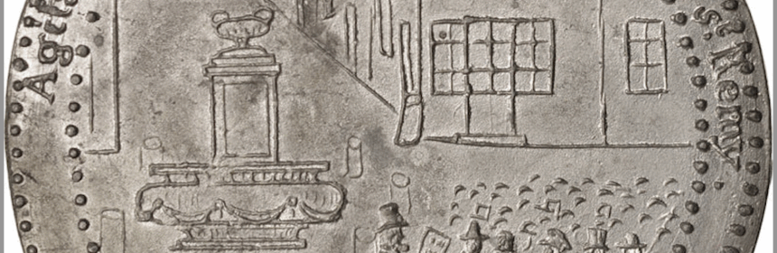 Coin depicting a historic town square with a fountain, building façades, and a line of men in period dress; edge dotted border visible.