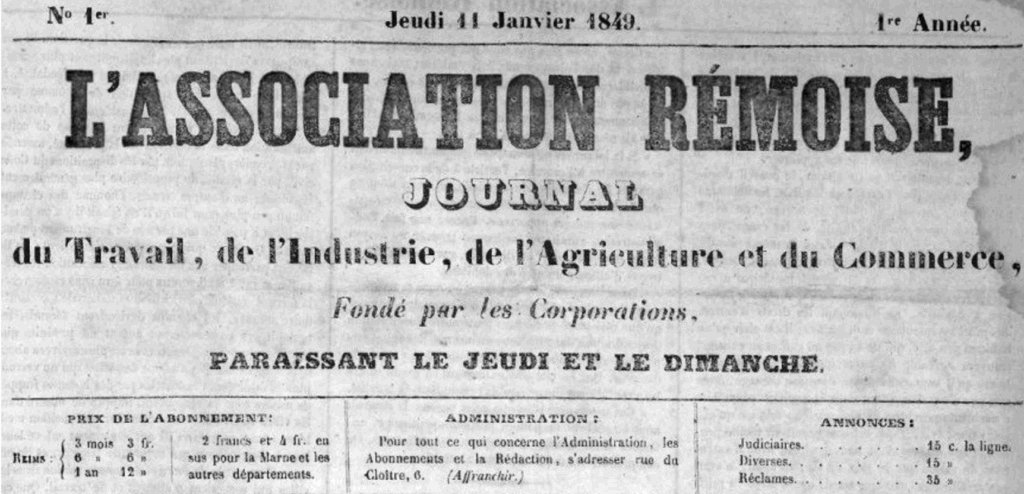 Masthead of a 1849 French newspaper: L'ASSOCIATION REMOISE, with date Jeudi 11 Janvier 1849 at the top.