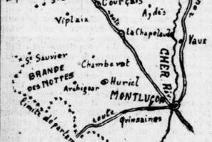 Historical hand-drawn map centered on Cherbourg, showing nearby villages and a network of rivers.