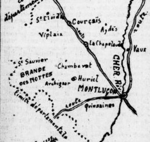 Historical hand-drawn map centered on Cherbourg, showing nearby villages and a network of rivers.