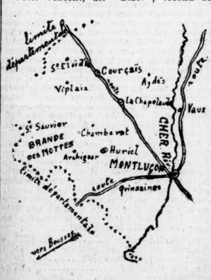 Historical hand-drawn map centered on Cherbourg, showing nearby villages and a network of rivers.