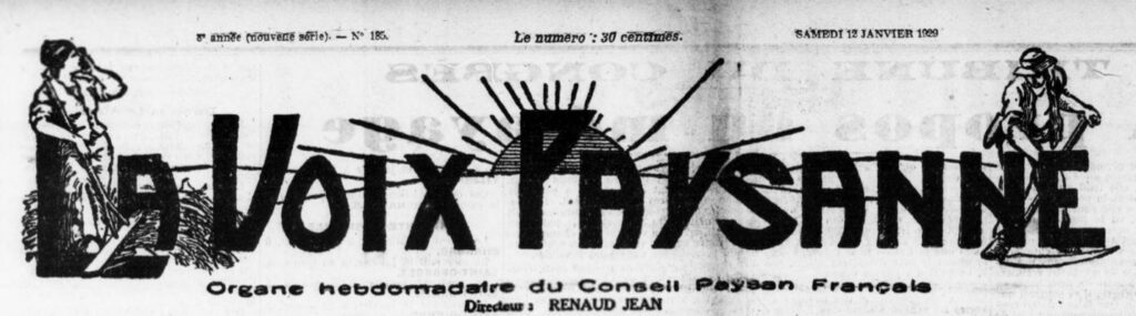 Masthead of La Voix Paysanne newspaper with workers on each side; weekly organ of the Conseil Paysan Français, Jan 12, 1929.