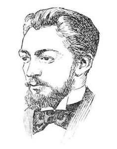 Pen-and-ink sketch of a bearded man in a bow tie, facing left.