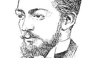 Pen-and-ink sketch of a bearded man in a bow tie, facing left.
