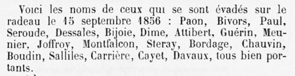 Fragment of a French document listing the names of people who escaped on a raft on 15 September 1856: Paon, Bivors, Paul, Seroude, Dessales, Bijoe, Dime, Attibert, Guérin, Meunier, Joffroy, Montfalcon, Steray, Bordage, Chauvin, Boudin, Salliles, Carrière, Cayet, Davaux, all well.