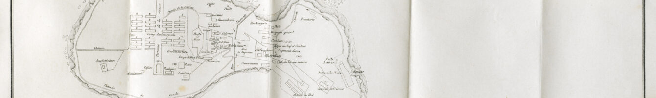 Historical map showing Île Royale and Île du Diable in French Guiana with labeled harbors and structures.
